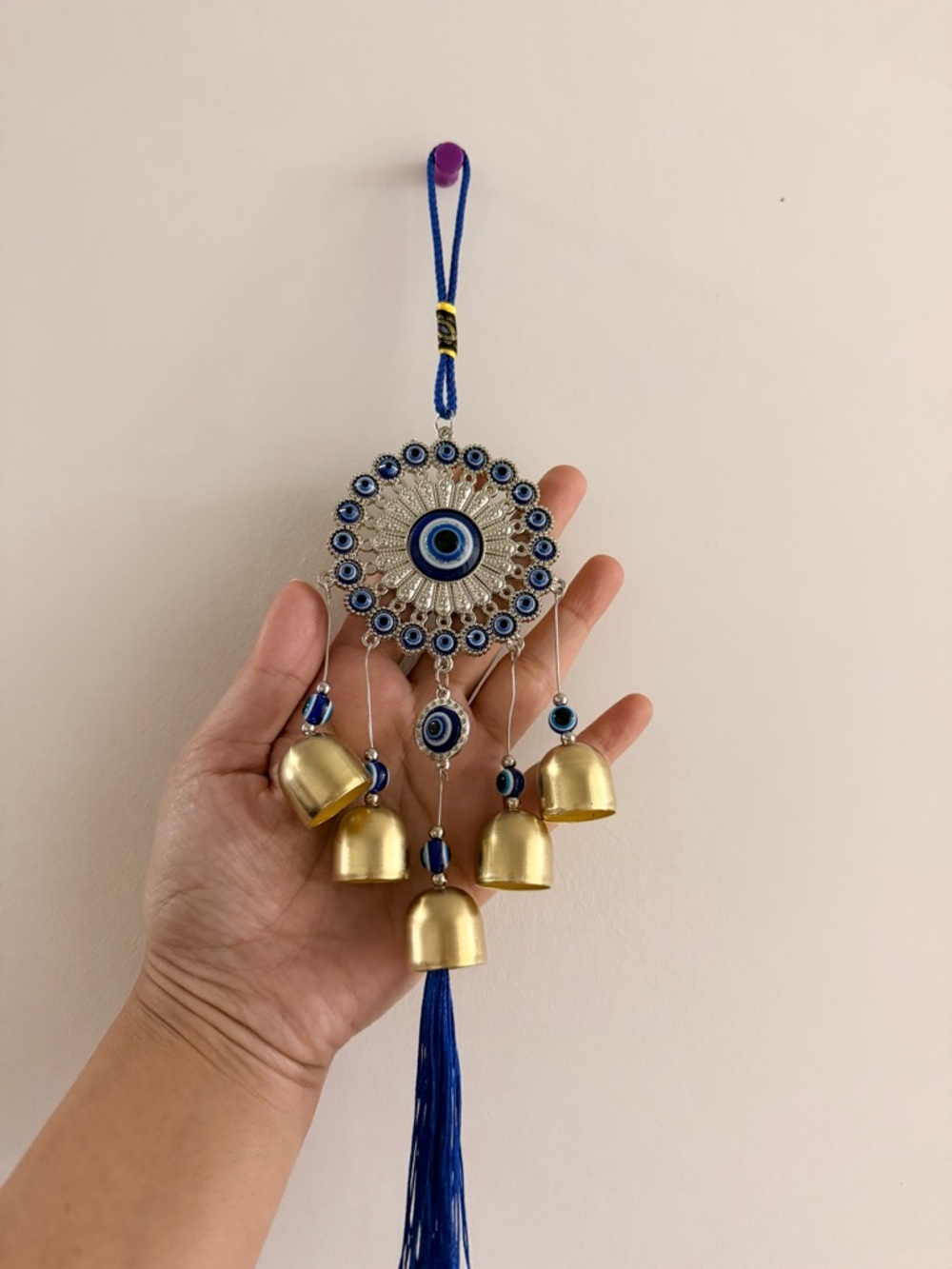 Blue Evil Eye Wind Chime with Gold Bells